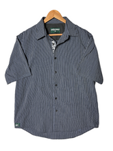 Load image into Gallery viewer, REVERSE HEM BUTTON UP SHIRT 3 - NAVY/BLUE STRIPED
