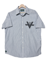Load image into Gallery viewer, REVERSE HEM BUTTON UP 2 - LIGHT BLUE STRIPED
